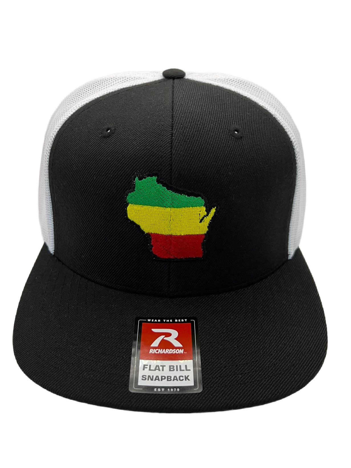 Wisconsin State Outline Rasta Flag Snapbacks & Beanies